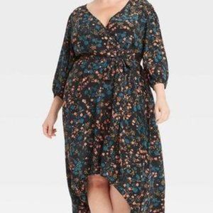 Ava & Viv 1XFloral Faux Wrap Dress Hi-Lo Hem Belted 3/4 Sleeves Black/Pink Fall